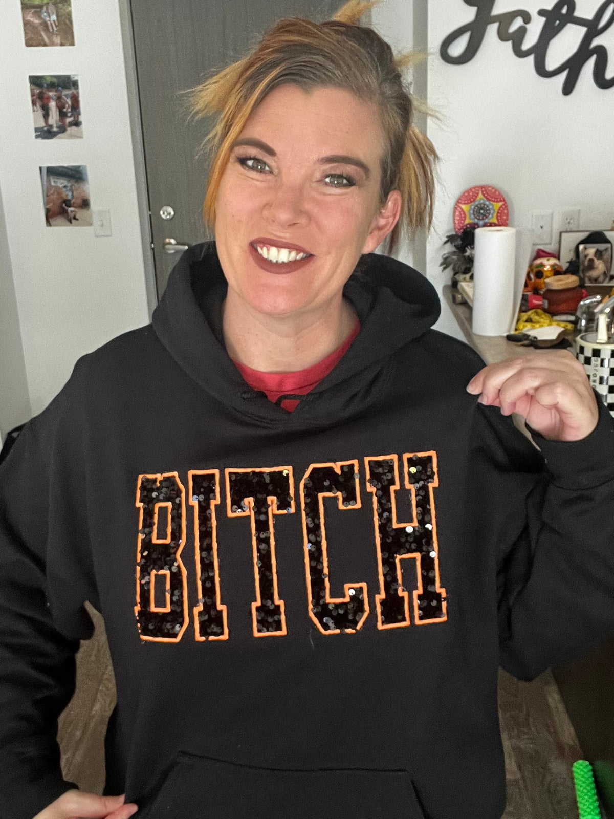 BITCH- black sequins appliqué hoodie
