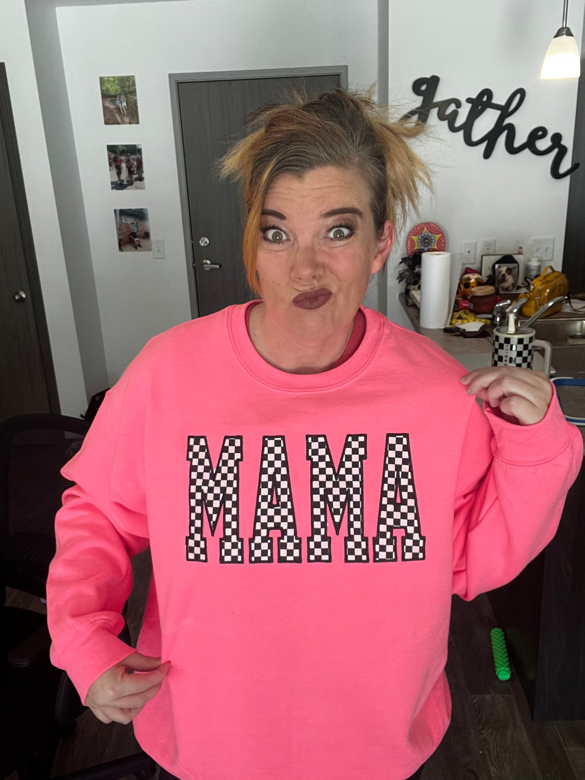 MAMA-Black and White Checkered- Pink crew neck