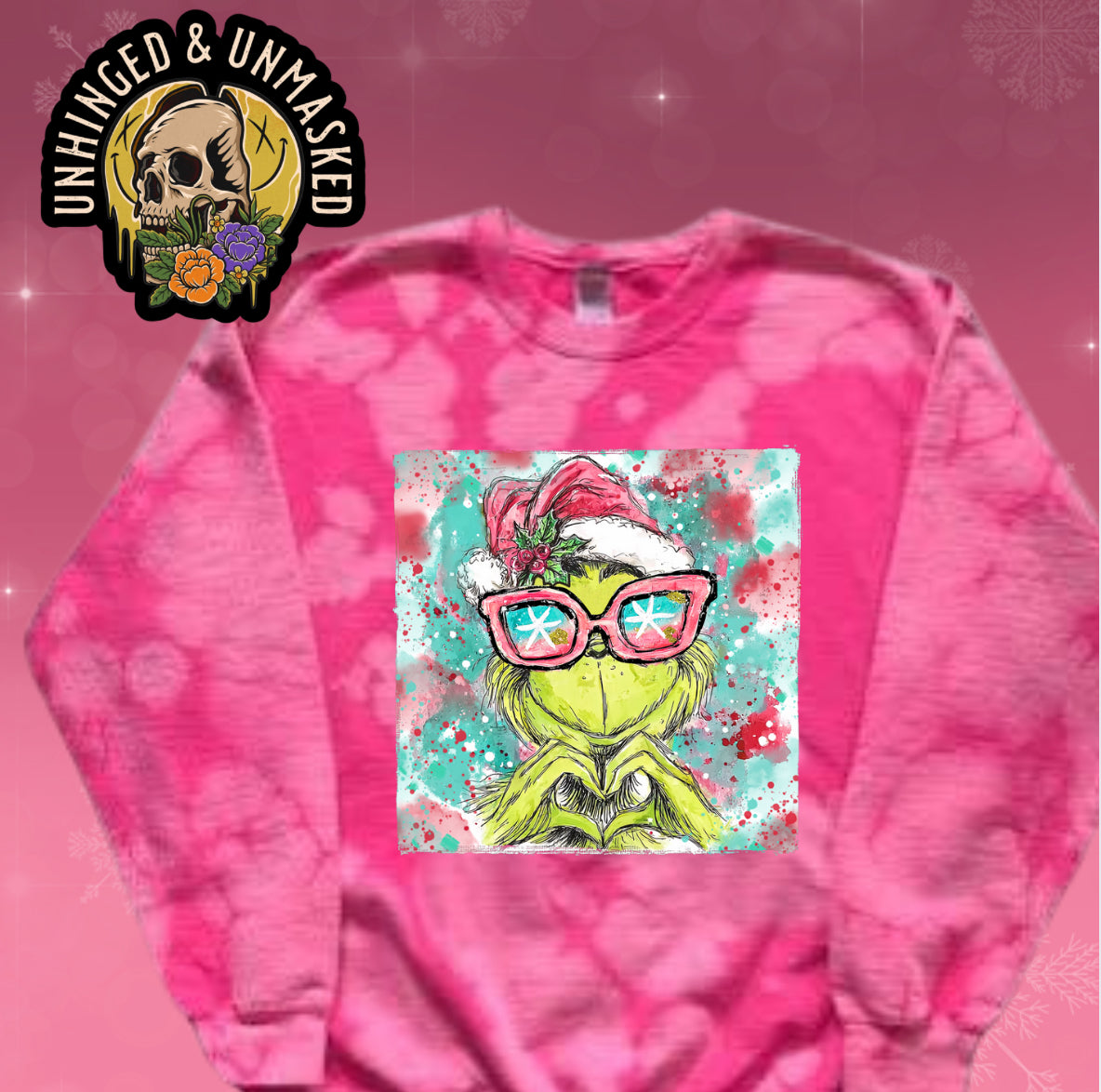 Grinch heart hands-- Bleached Crew Neck