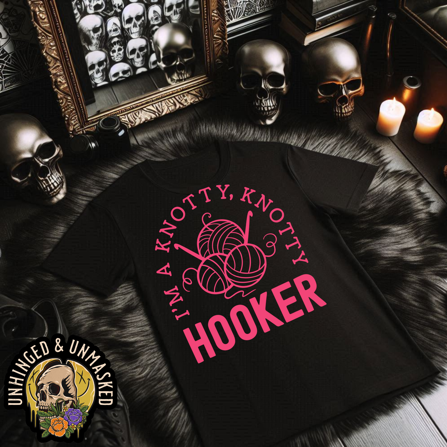 Tashi B- Knotty Hooker-Black Tshirt Pink Font