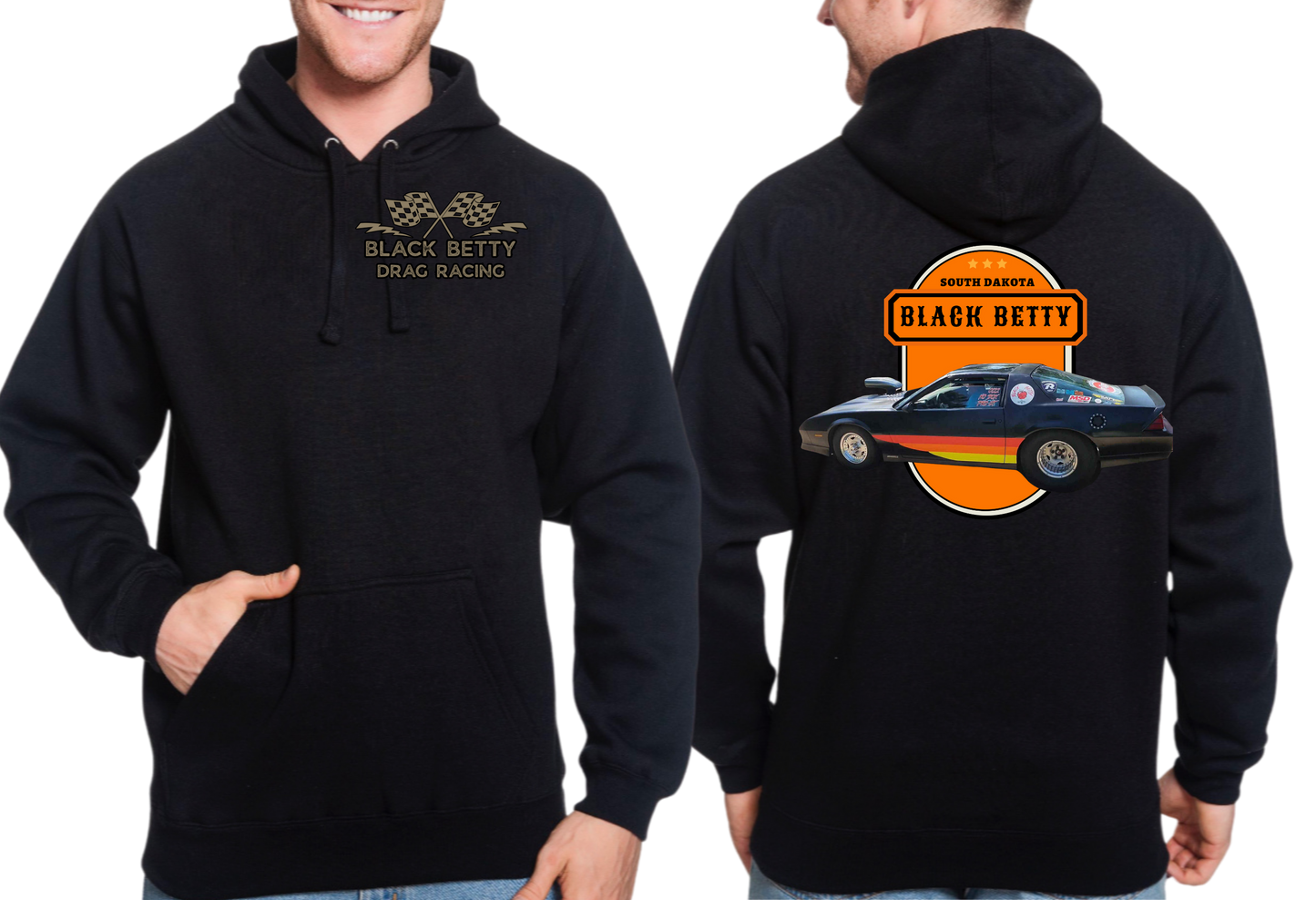 Black Betty- Black Hoodie- Oval- Grey Racing Team Flags-Pocket, Large Back