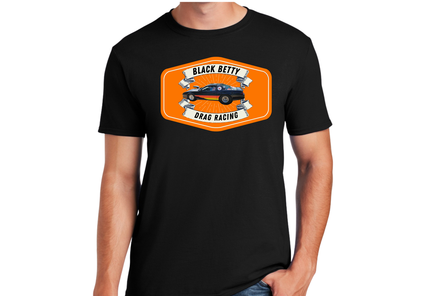 Black Betty- Blk Tshirt- Orange Badge- Full Front