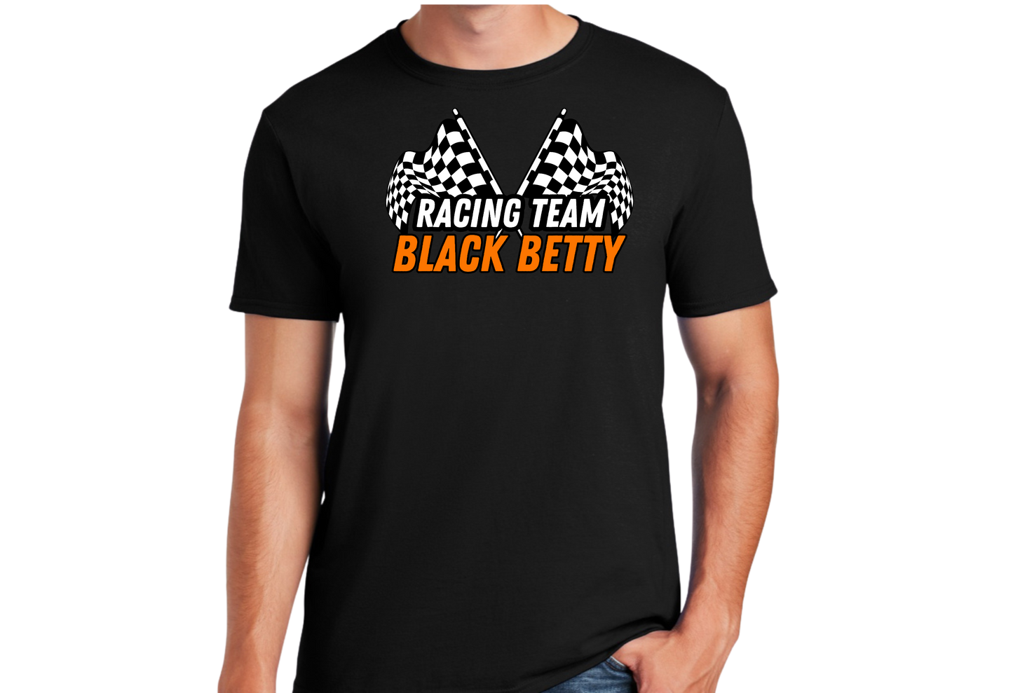 Black Betty- Blk Tshirt- Racing Team Flags- Full Front