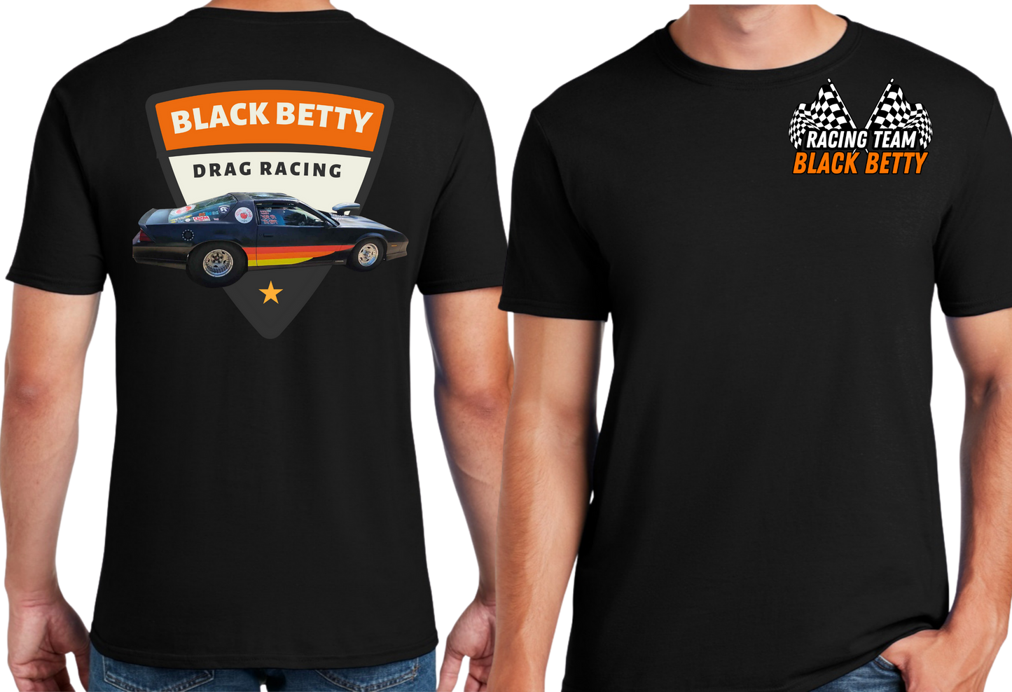 Black Betty- Blk Tshirt- Retro - Racing Team Flags-Pocket, Large Back