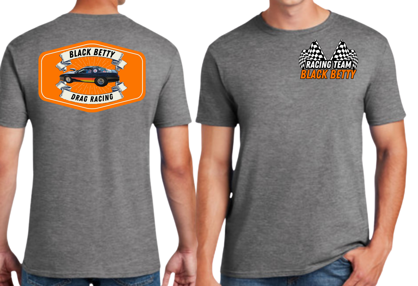 Black Betty- Charcoal Tshirt- Badge - Racing Team Flags-Pocket, Large Back