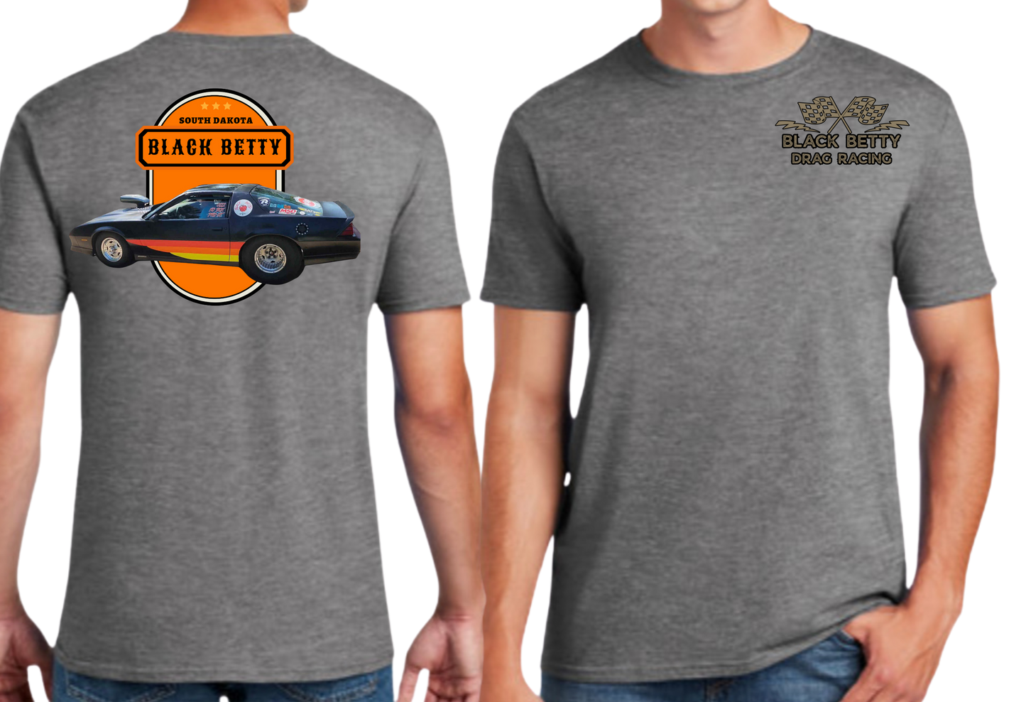 Black Betty- Charcoal Tshirt- Oval - Grey Racing Team Flags-Pocket, Large Back