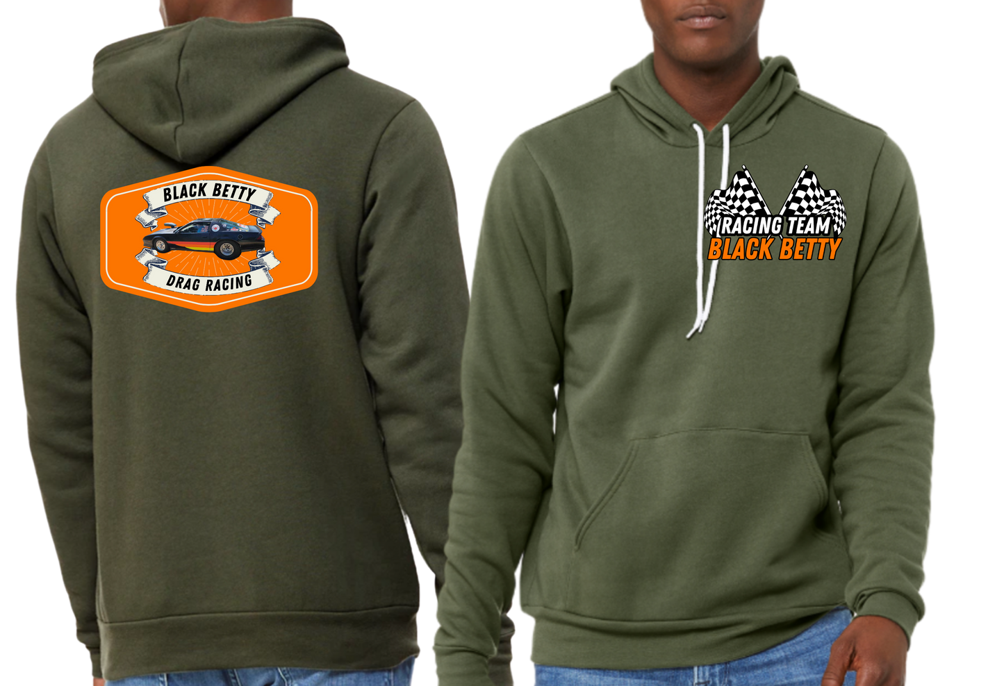 Black Betty- Military Green PREMIUM Hoodie- Badge- Racing Team Flags-Pocket, Large Back