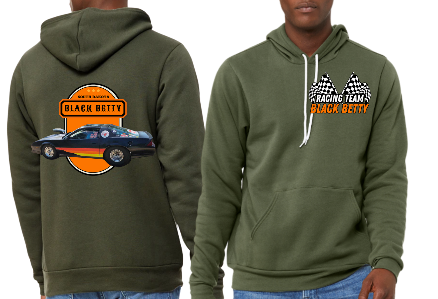 Black Betty- Military Green PREMIUM Hoodie- Oval- Racing Team Flags-Pocket, Large Back