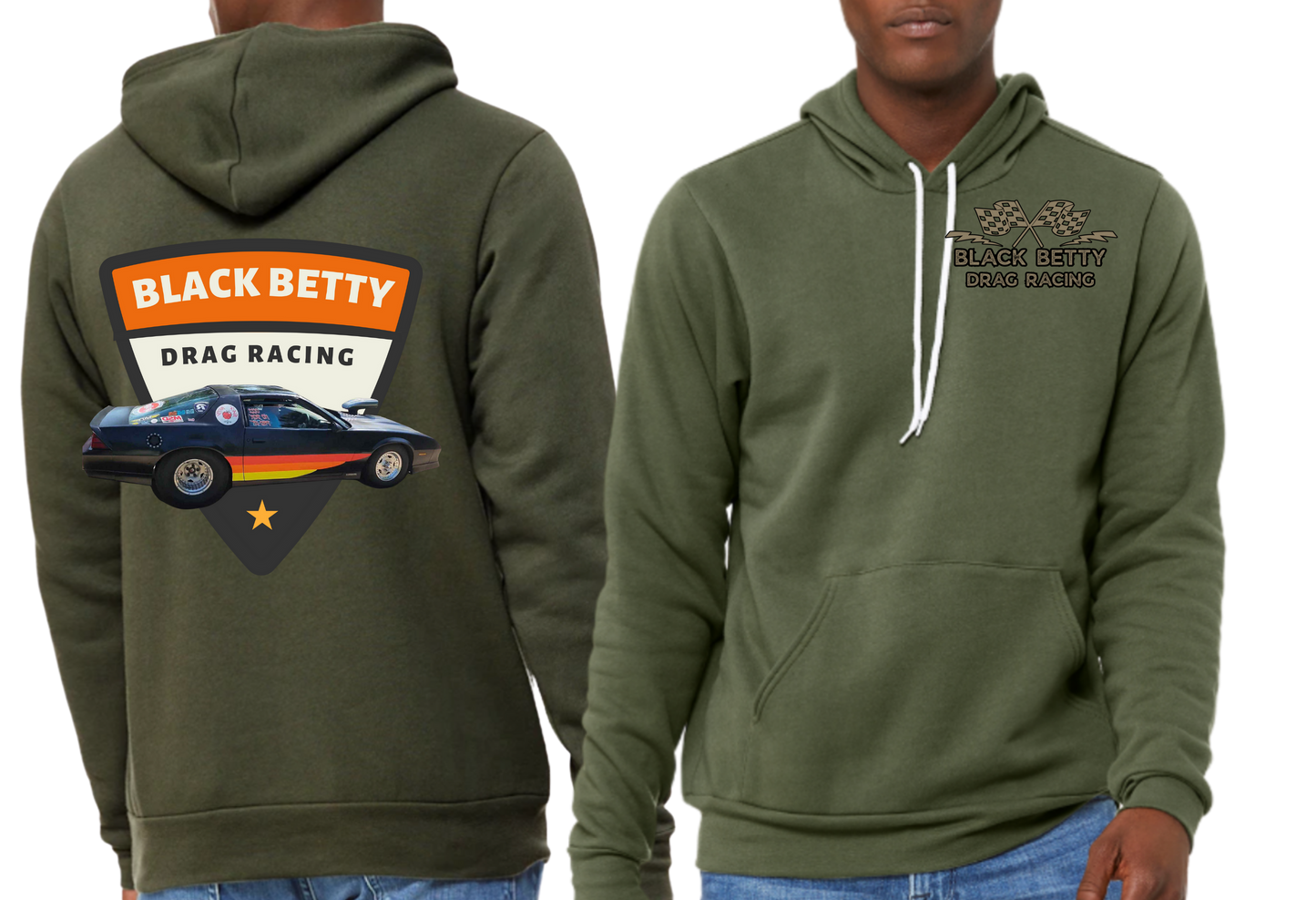 Black Betty- Military Green PREMIUM Hoodie- Retro- Grey Racing Team Flags-Pocket, Large Back