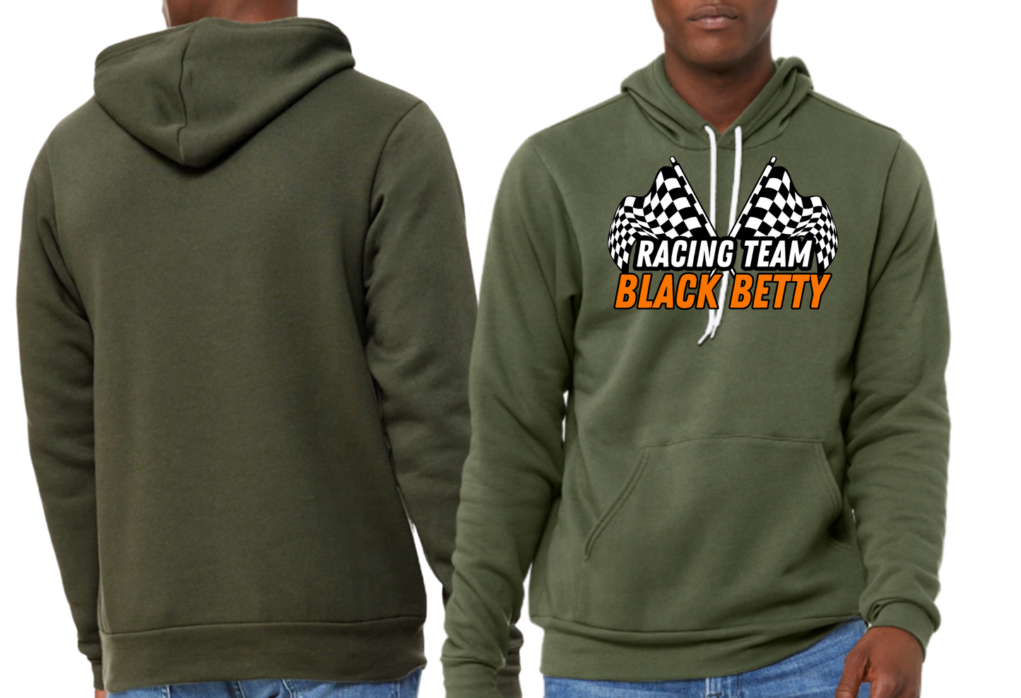 Black Betty- Military Green PREMIUM Hoodie- Racing Team Flags-Full Front