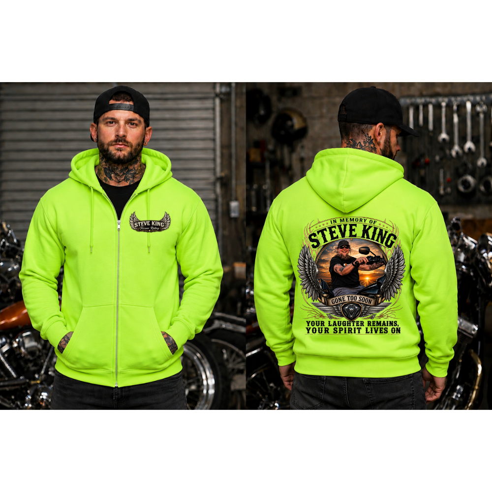 Steve King Memorial- ZIP UP- High Viz Green- "Your Laughter Remains, Your Spirit Lives On"