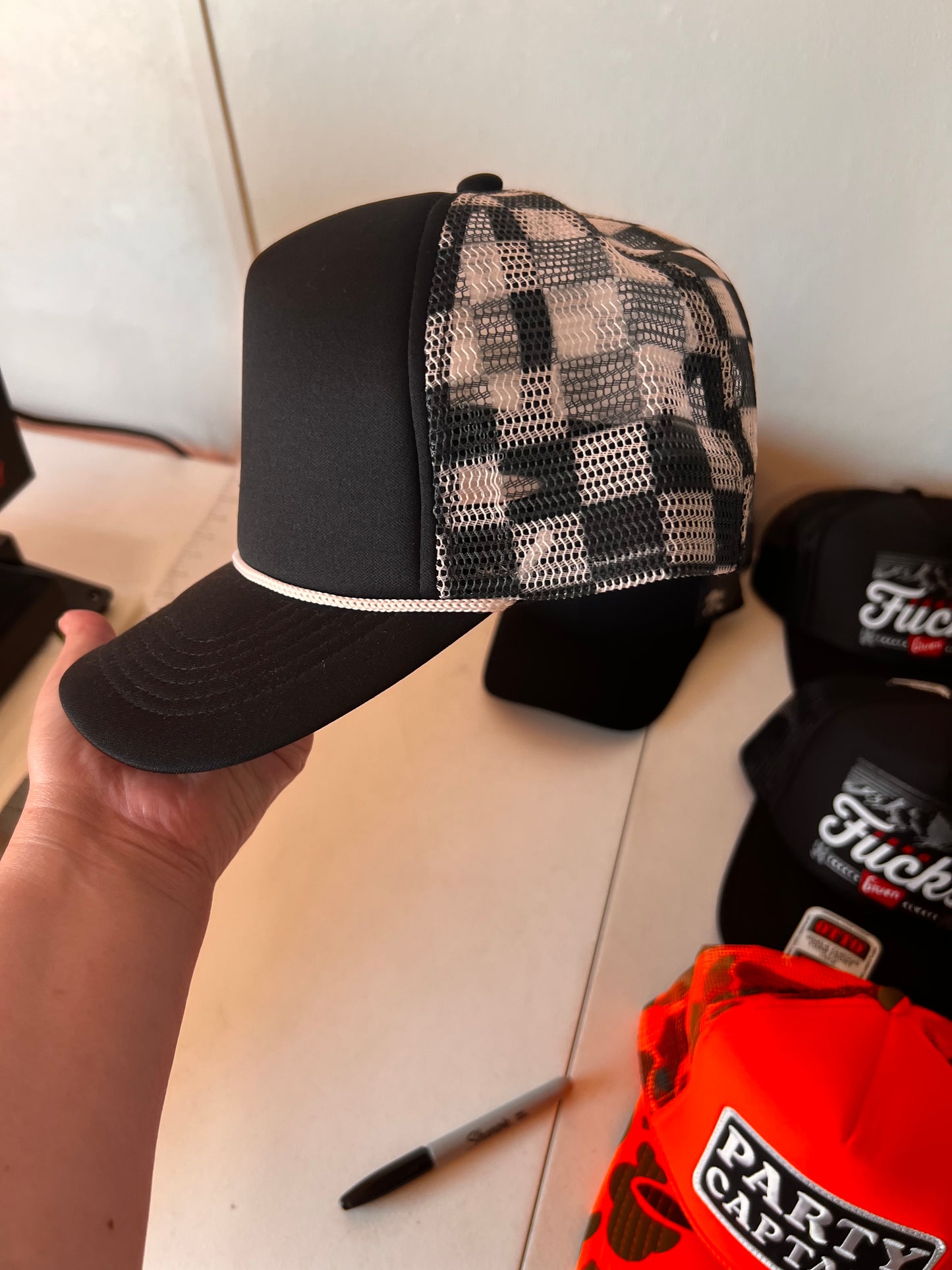 Black and white checkered hat