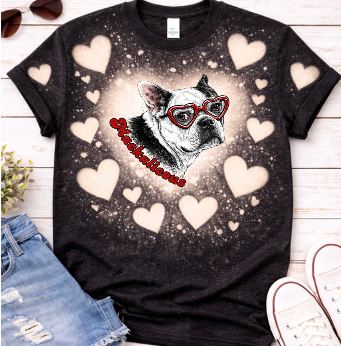 Black Tshirt- Custom Furbaby- bleached hearts