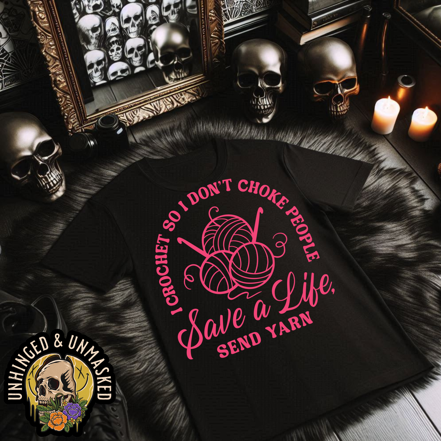 Tashi B- Save a life, send yarn-Black Tshirt Pink Font