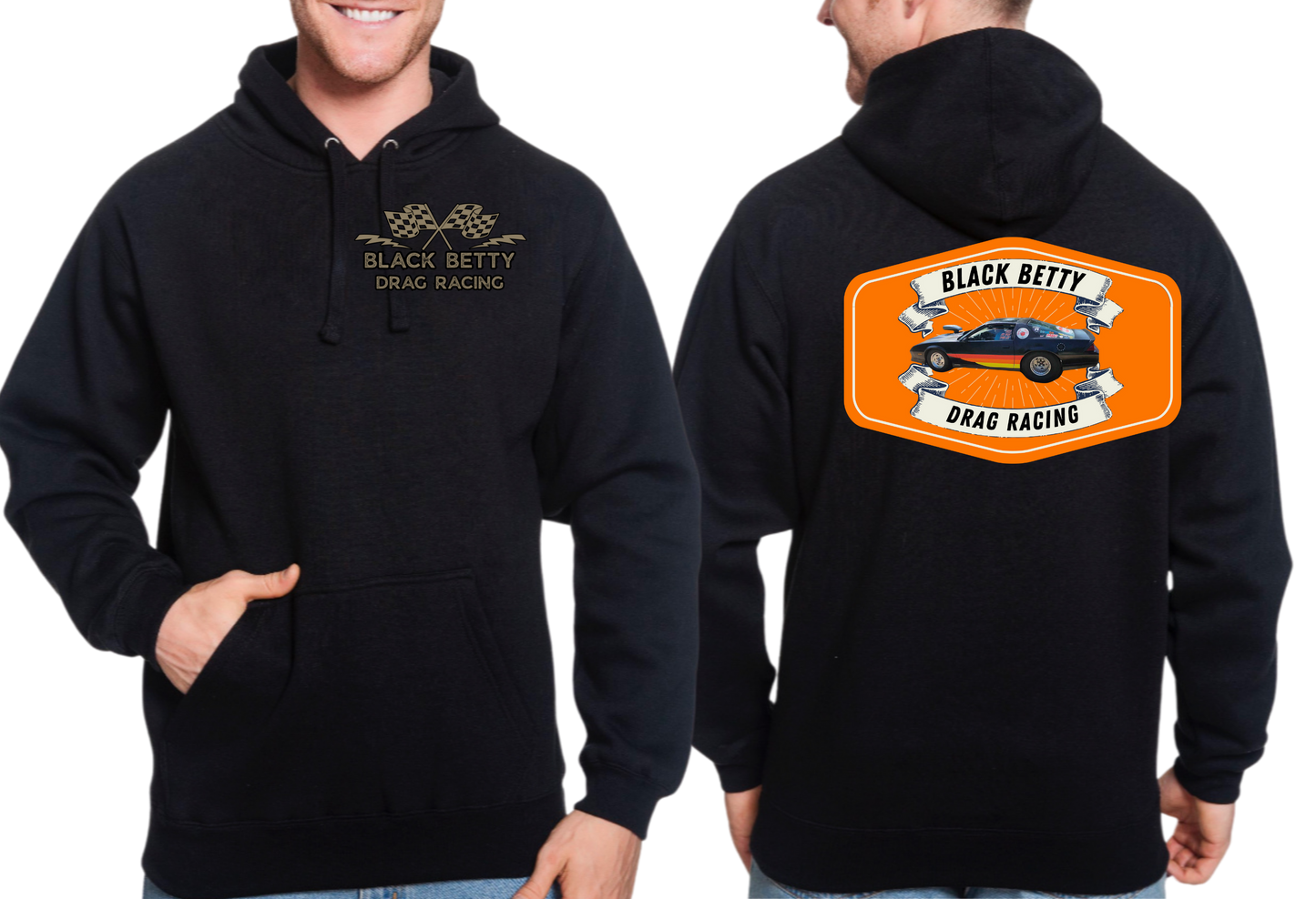 Black Betty- Black Hoodie- Badge- Grey Racing Team Flags-Pocket, Large Back
