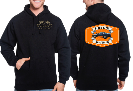 Black Betty- Black Hoodie- Badge- Grey Racing Team Flags-Pocket, Large Back