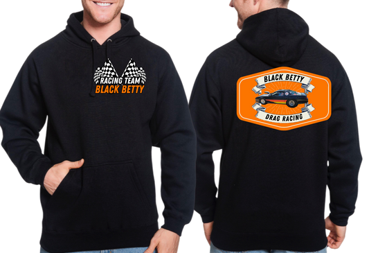 Black Betty- Black Hoodie- Badge- Racing Team Flags-Pocket, Large Back