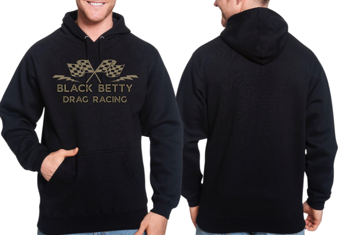 Black Betty- Black Hoodie- Grey Racing Flags- Full Front