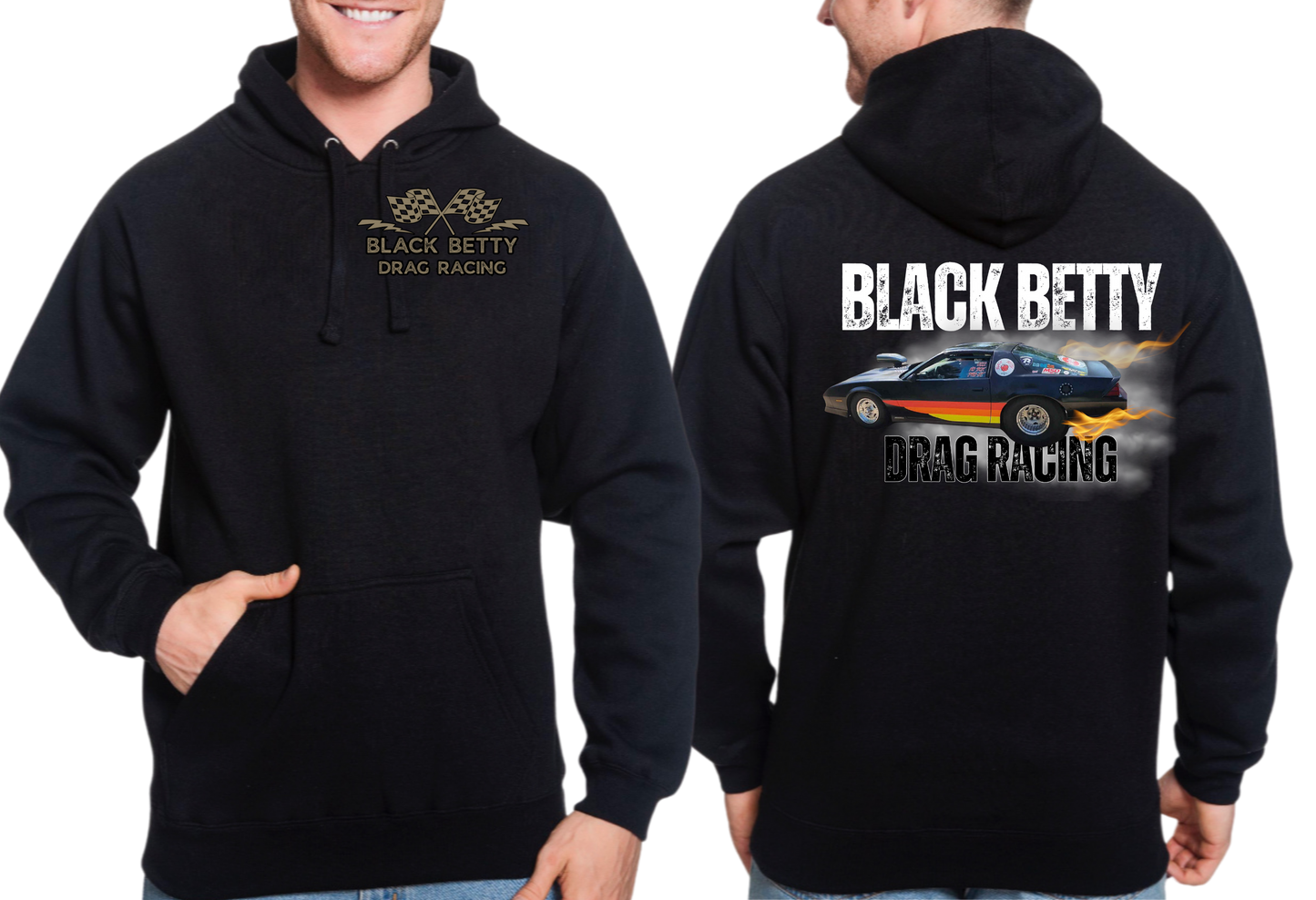 Black Betty- Black Hoodie- Main Car- Grey Racing Team Flags-Pocket, Large Back