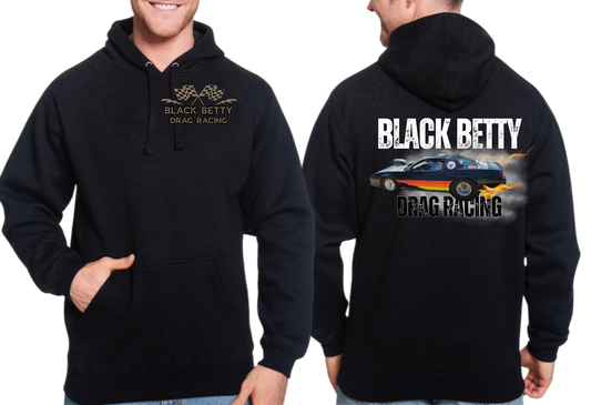 Black Betty- Black Hoodie- Main Car- Grey Racing Team Flags-Pocket, Large Back