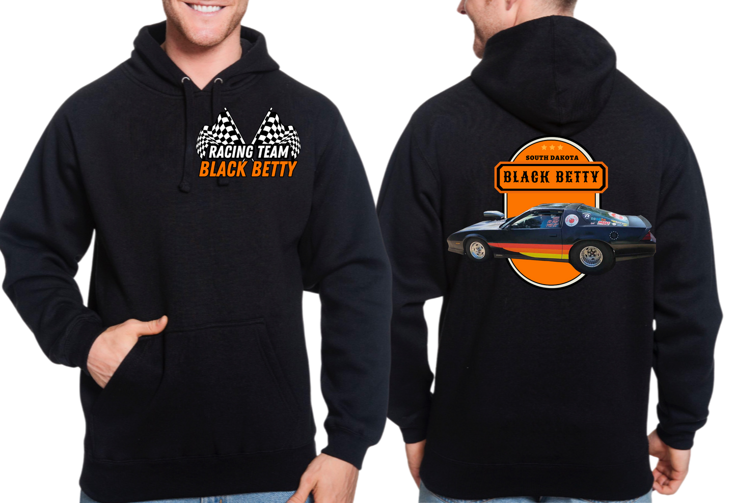 Black Betty- Black Hoodie- Oval- Racing Team Flags-Pocket, Large Back