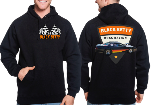 Black Betty- Black Hoodie- Retro- Racing Team Flags-Pocket, Large Back