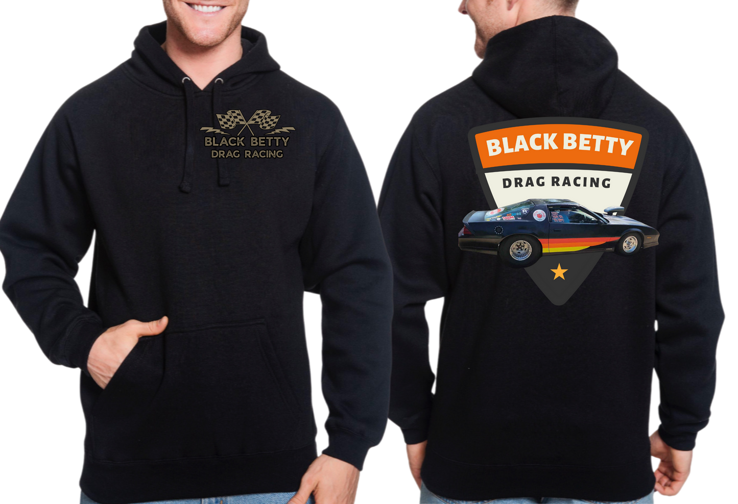 Black Betty- Black Hoodie- Retro- Grey Racing Team Flags-Pocket, Large Back