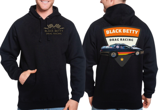 Black Betty- Black Hoodie- Retro- Grey Racing Team Flags-Pocket, Large Back