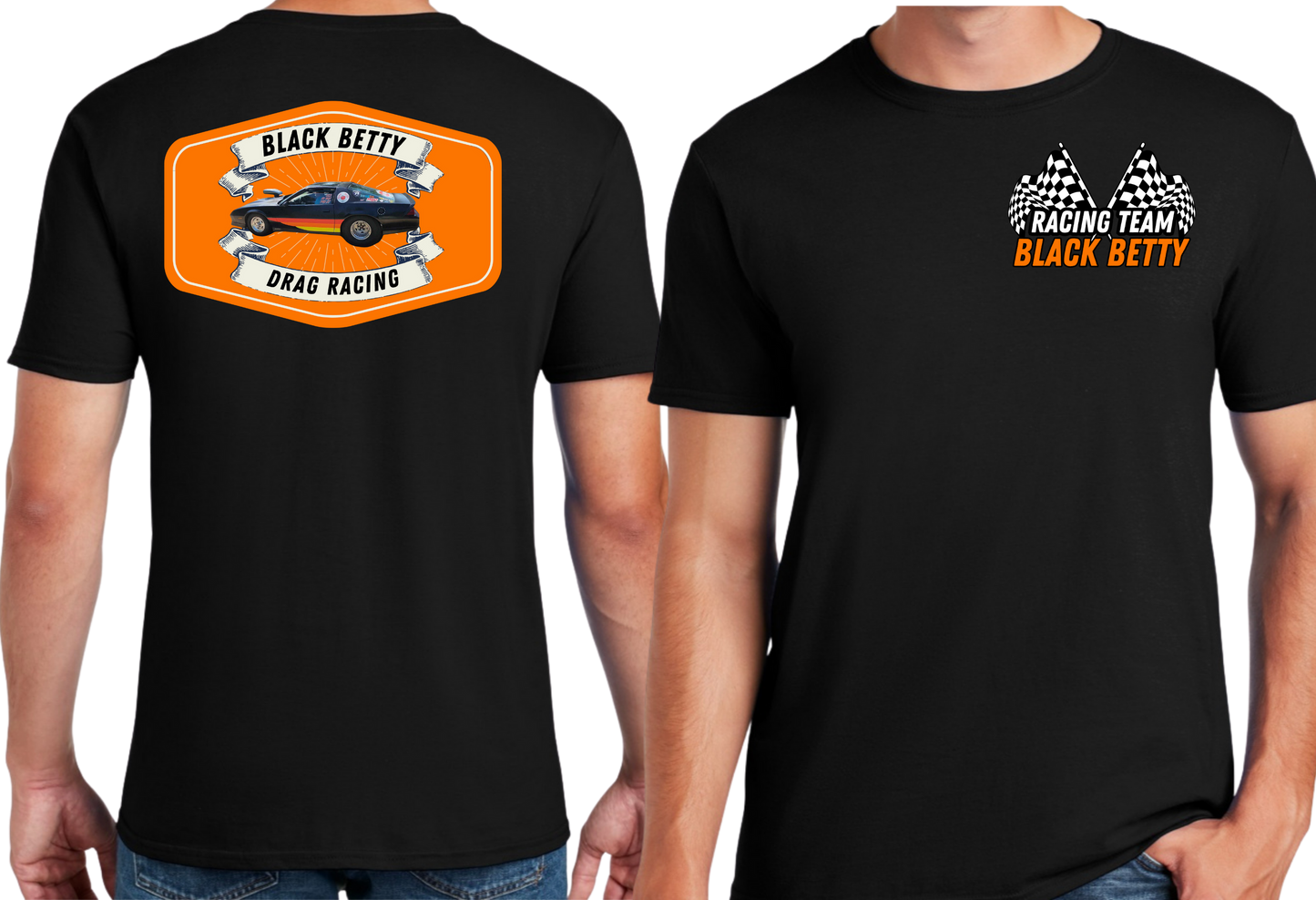 Black Betty- Blk Tshirt- Orange Badge - Racing Team Flags-Pocket, Large Back