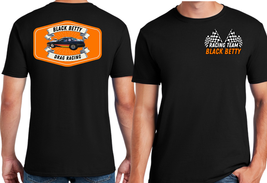 Black Betty- Blk Tshirt- Orange Badge - Racing Team Flags-Pocket, Large Back
