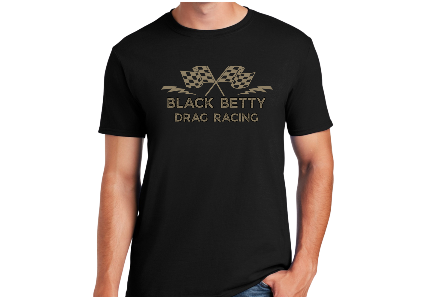 Black Betty- Blk Tshirt- Drag Racing Grey Flags- Full Front