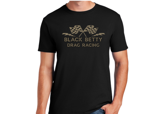 Black Betty- Blk Tshirt- Drag Racing Grey Flags- Full Front