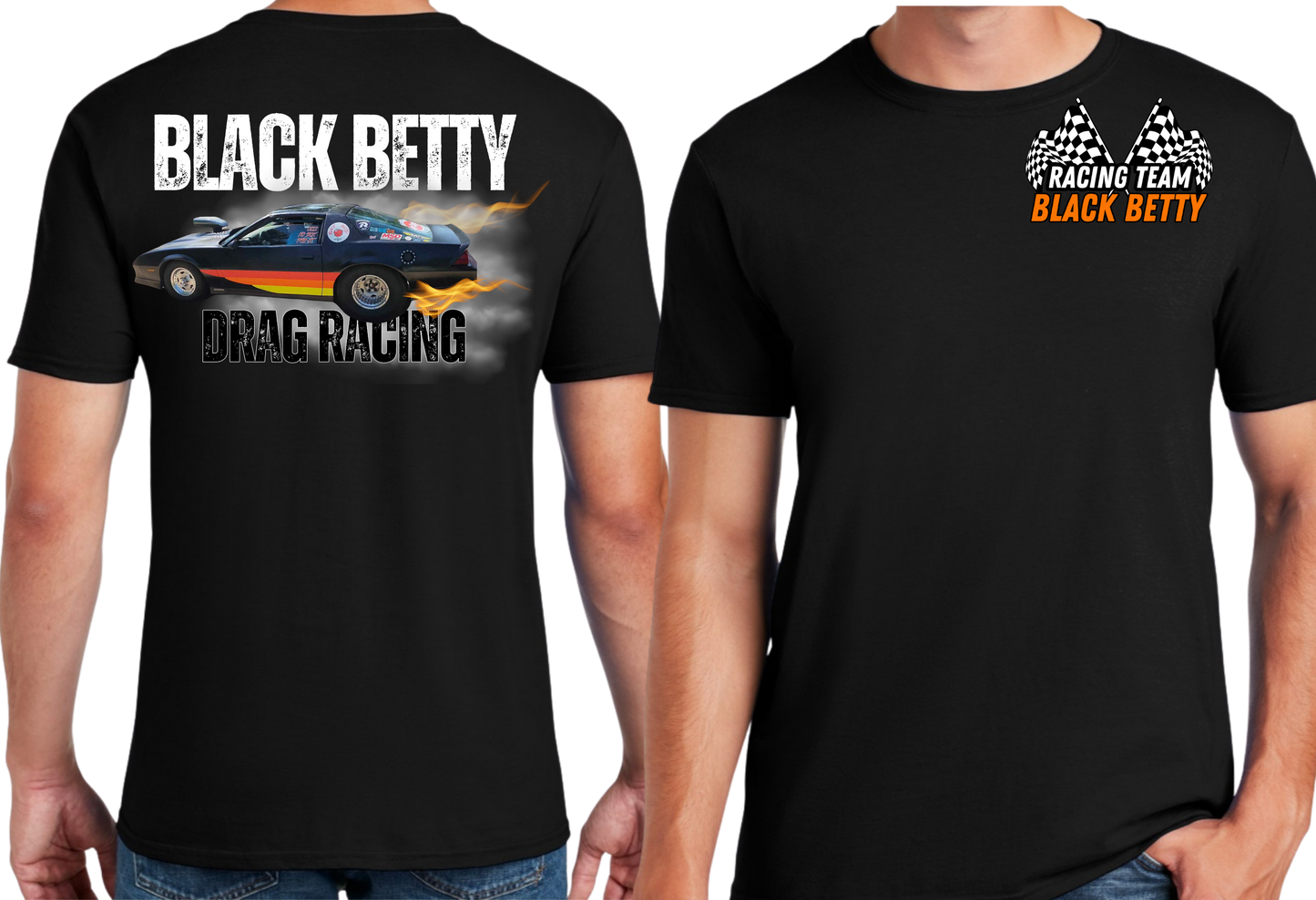Black Betty- Blk Tshirt- Main Car - Racing Team Flags-Pocket, Large Back