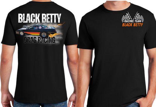 Black Betty- Blk Tshirt- Main Car - Racing Team Flags-Pocket, Large Back