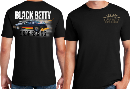 Black Betty- Blk Tshirt- Main Car - Grey Racing Team Flags-Pocket, Large Back