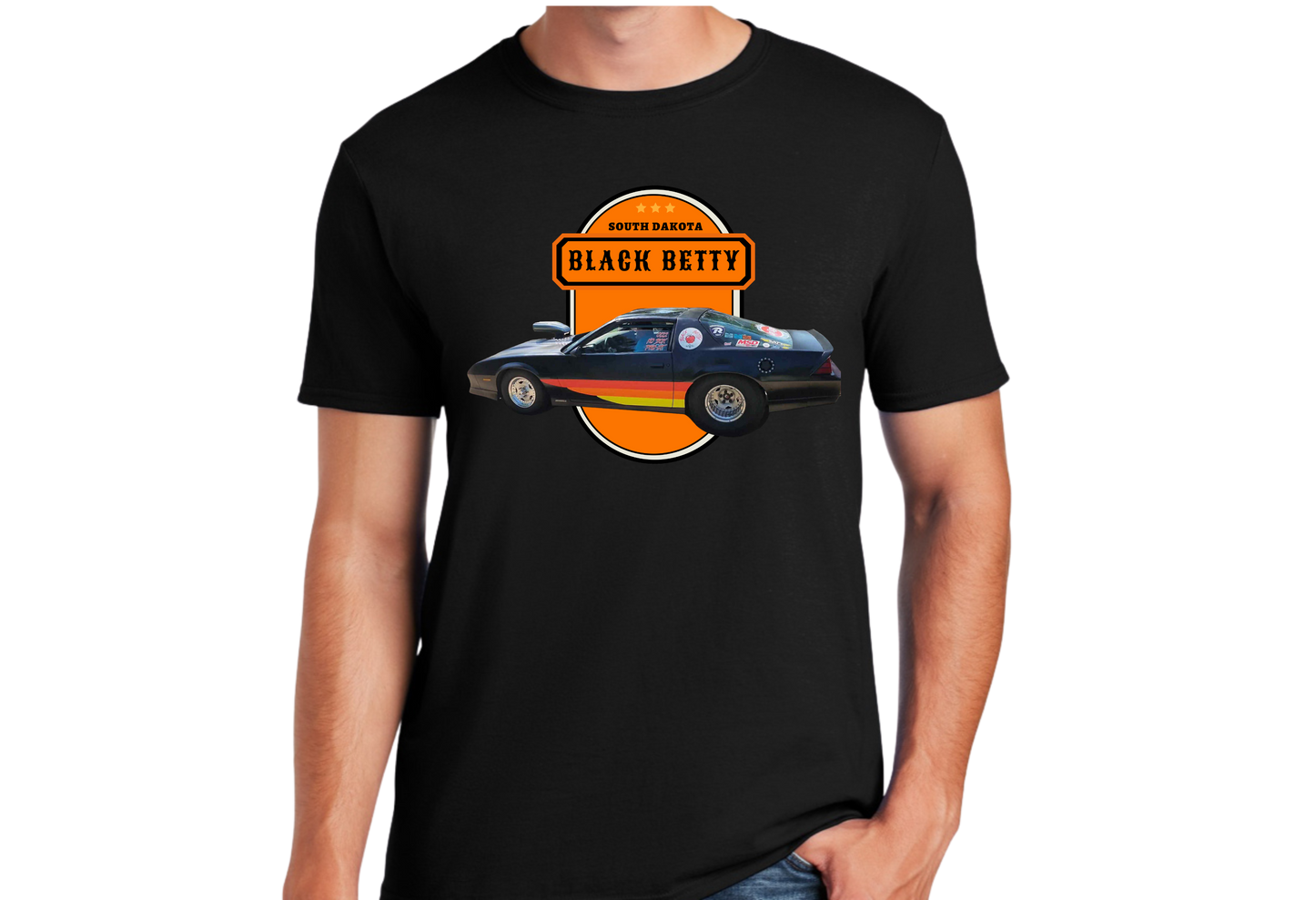 Black Betty- Blk Tshirt- Orange Oval- Full Front