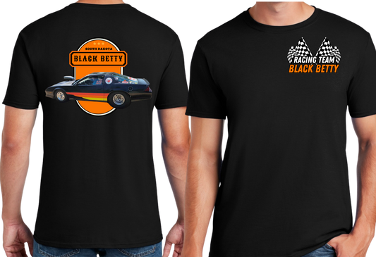Black Betty- Blk Tshirt- Orange Oval - Racing Team Flags-Pocket, Large Back