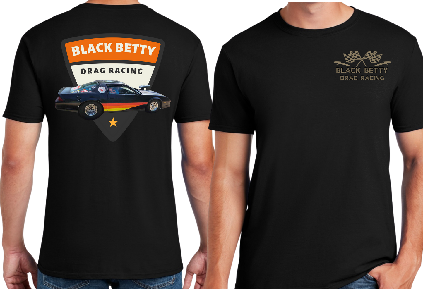 Black Betty- Blk Tshirt- Retro -Grey Racing Team Flags-Pocket, Large Back