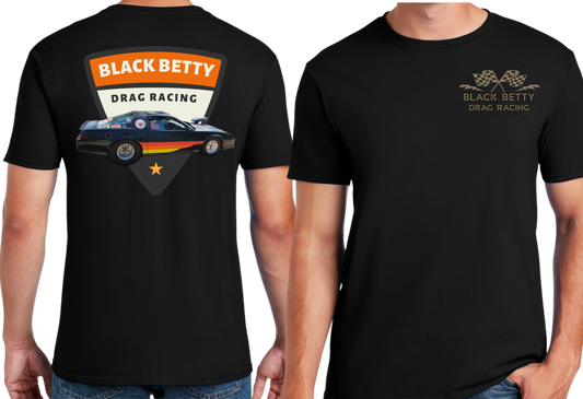 Black Betty- Blk Tshirt- Retro -Grey Racing Team Flags-Pocket, Large Back