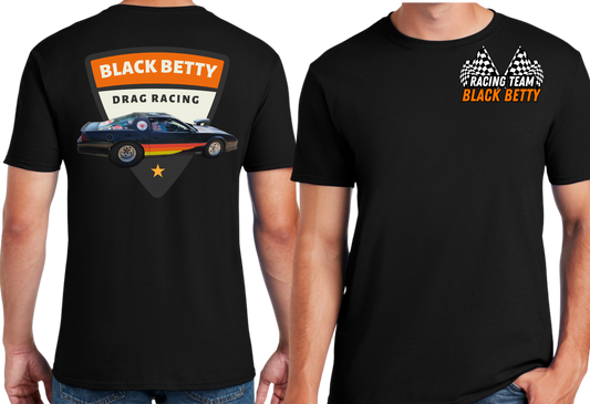 Black Betty- Blk Tshirt- Retro - Racing Team Flags-Pocket, Large Back