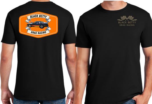 Black Betty- Blk Tshirt- Orange Badge -Grey Racing Team Flags-Pocket, Large Back