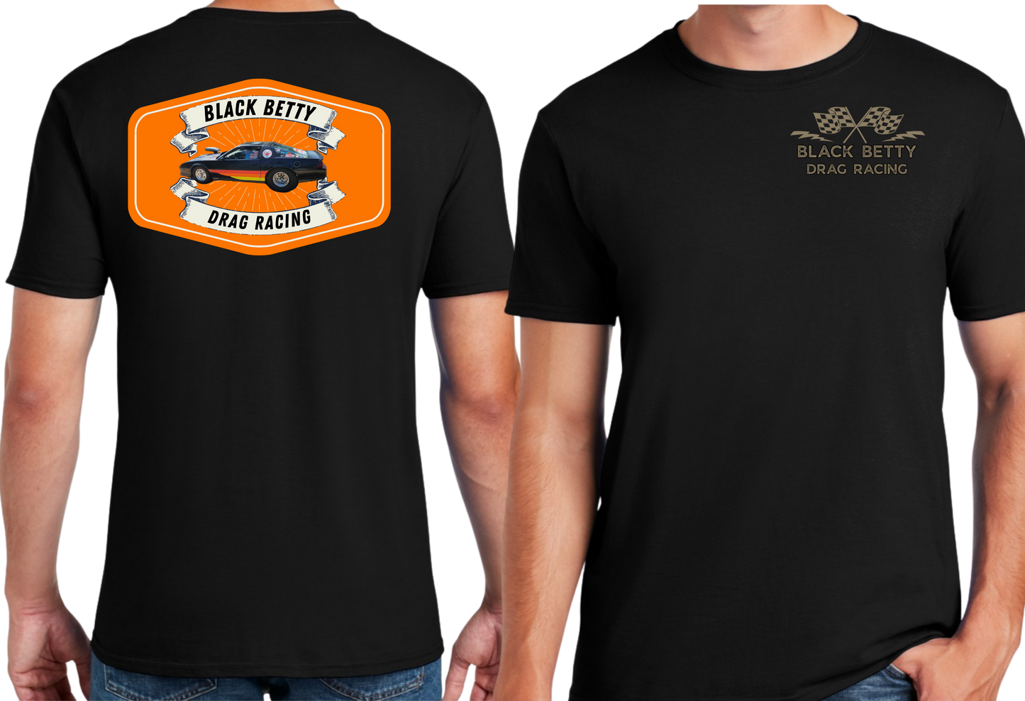 Black Betty- Blk Tshirt- Orange Oval - Grey Racing Team Flags-Pocket, Large Back