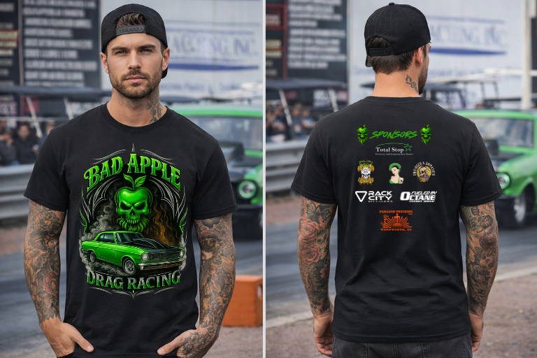 Bad Apple-2026- large skull and car-Tshirt