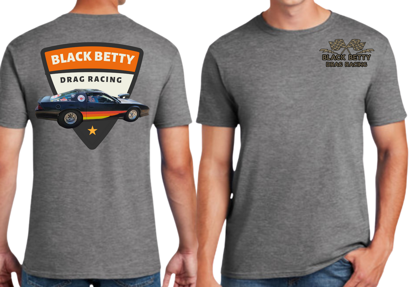 Black Betty- Charcoal Tshirt- Retro - Grey Racing Team Flags-Pocket, Large Back