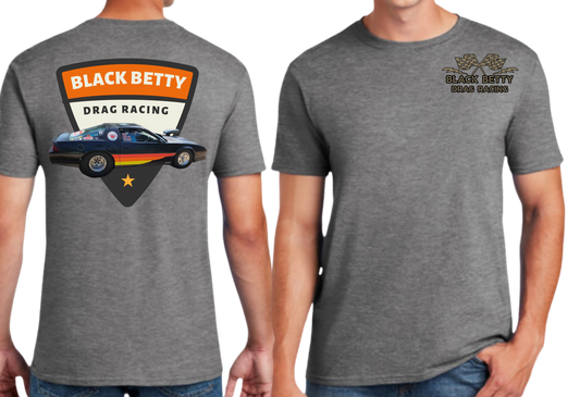Black Betty- Charcoal Tshirt- Retro - Grey Racing Team Flags-Pocket, Large Back