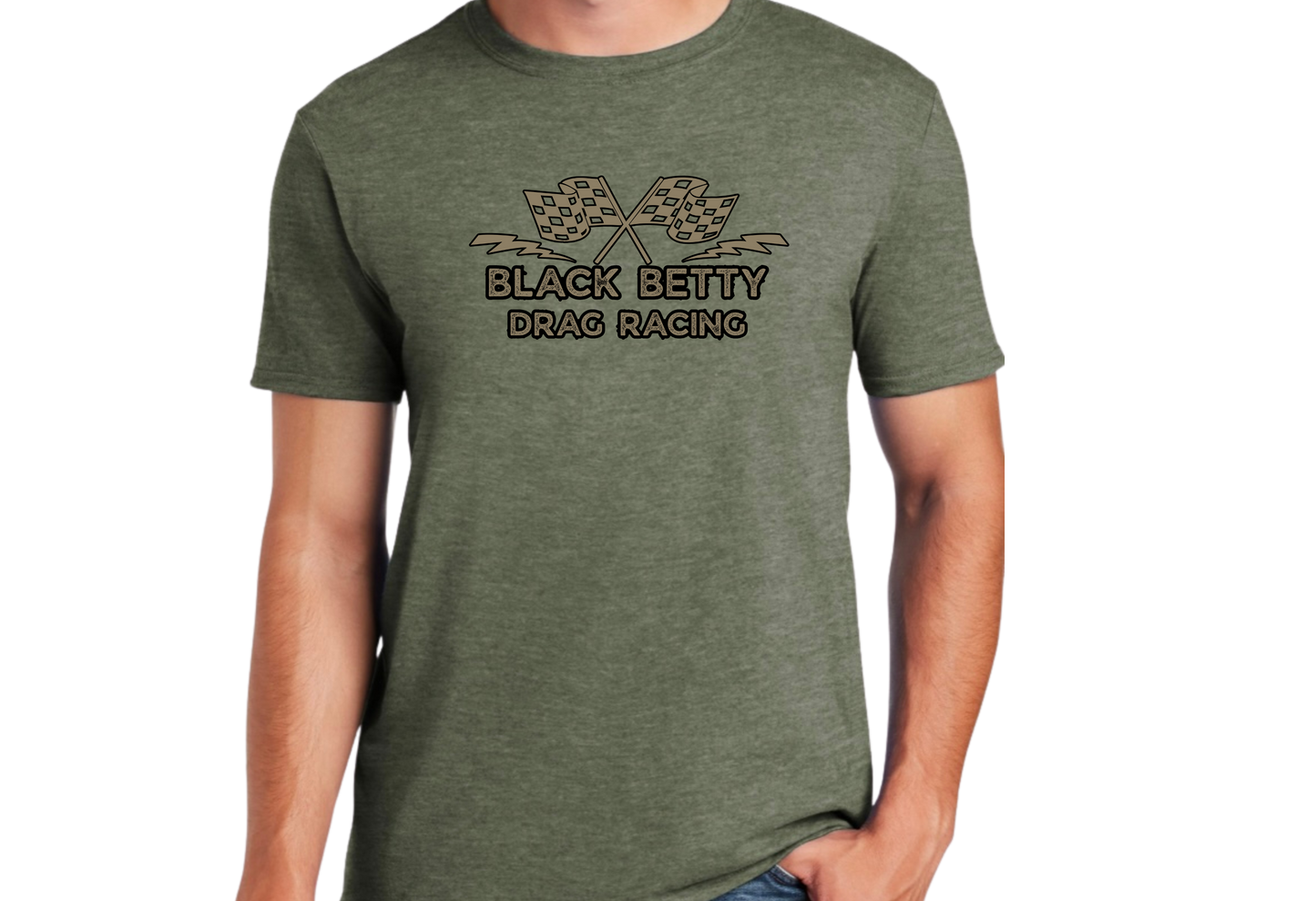 Black Betty- Military Green Tshirt- Grey Racing Flags- Full Front