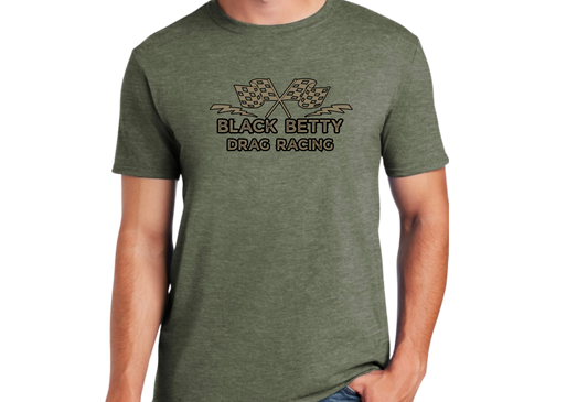 Black Betty- Military Green Tshirt- Grey Racing Flags- Full Front