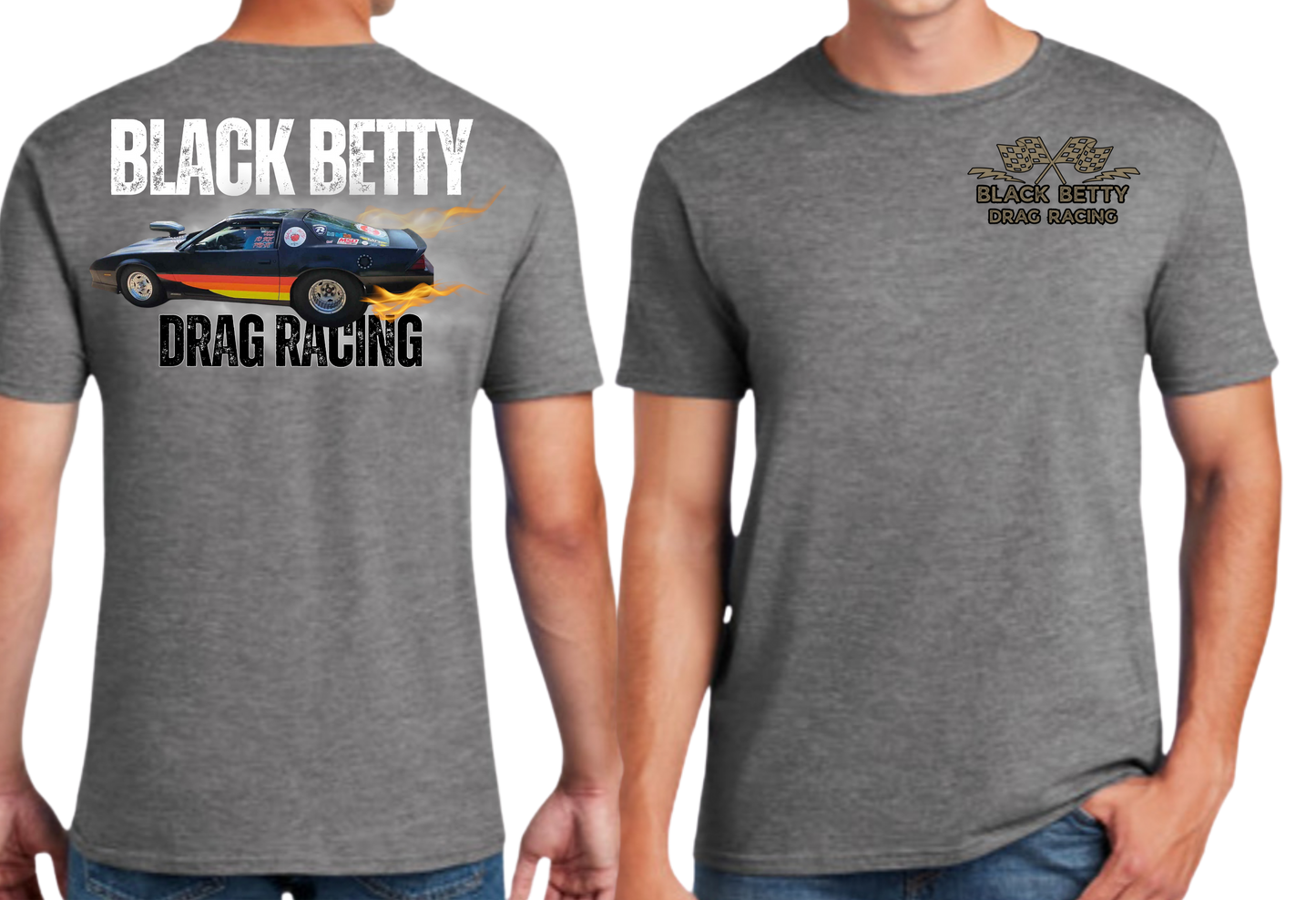 Black Betty- Charcoal Tshirt- Main Car - Grey Racing Team Flags-Pocket, Large Back
