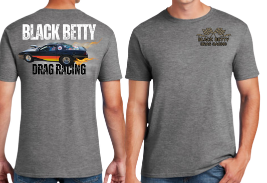 Black Betty- Charcoal Tshirt- Main Car - Grey Racing Team Flags-Pocket, Large Back