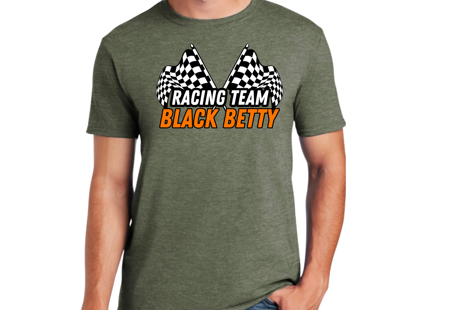 Black Betty- Military Green Tshirt- Racing Team Flags- Full Front